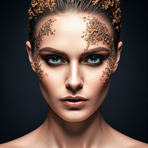 Editorial makeup portrait with fashion-led styling, luminous complexion, and statement beauty detailing