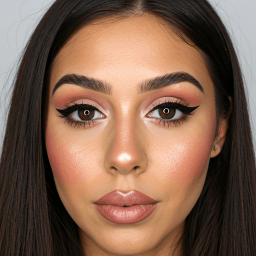 Elegant engagement makeup look with glowing skin, soft pink tones, and refined winged eyeliner